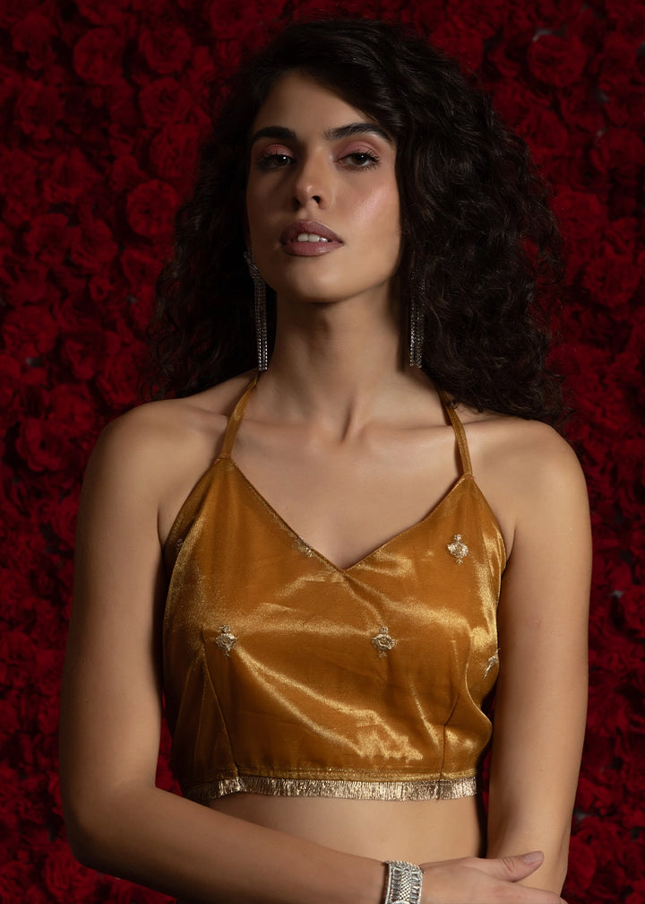Copper Brown Sheer Net Organza Saree with Rich Zari & Lace Embroidery