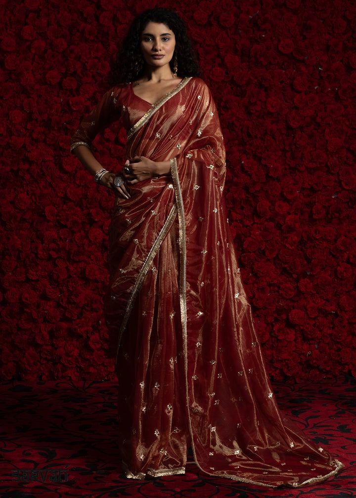 Burnt Umber Brown Sheer Net Organza Saree with Rich Zari & Lace Embroidery