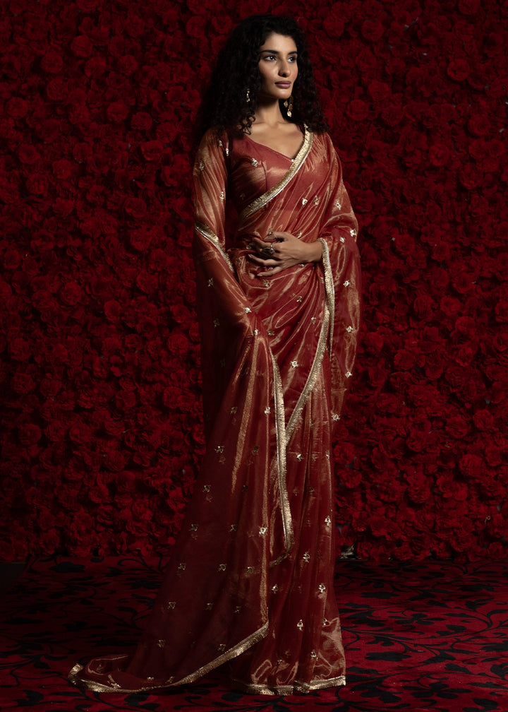 Burnt Umber Brown Sheer Net Organza Saree with Rich Zari & Lace Embroidery