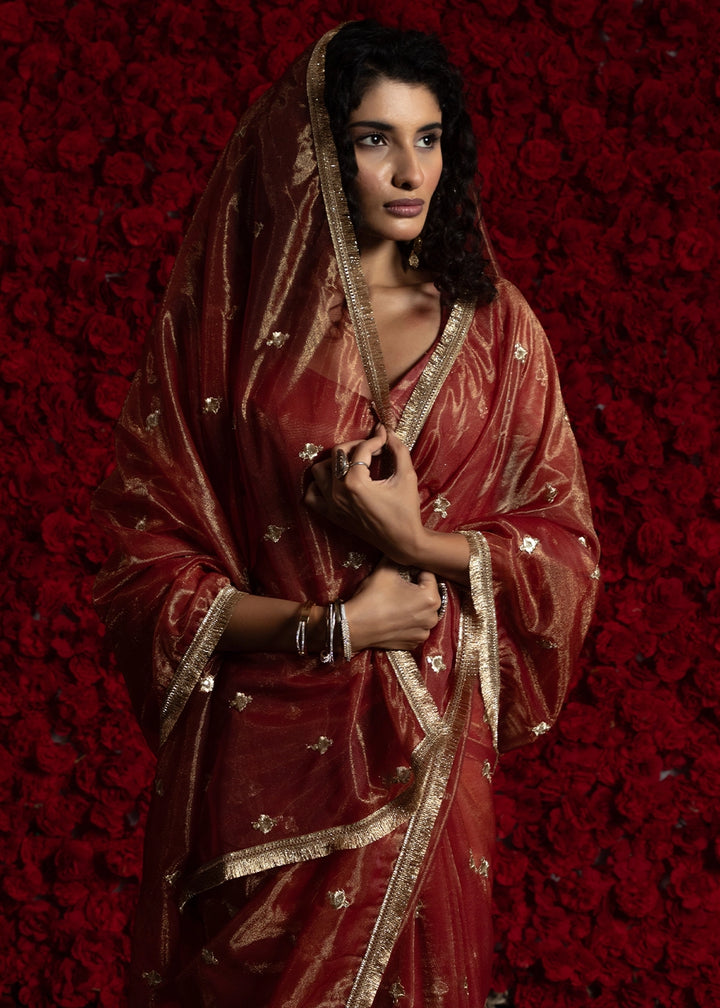 Burnt Umber Brown Sheer Net Organza Saree with Rich Zari & Lace Embroidery