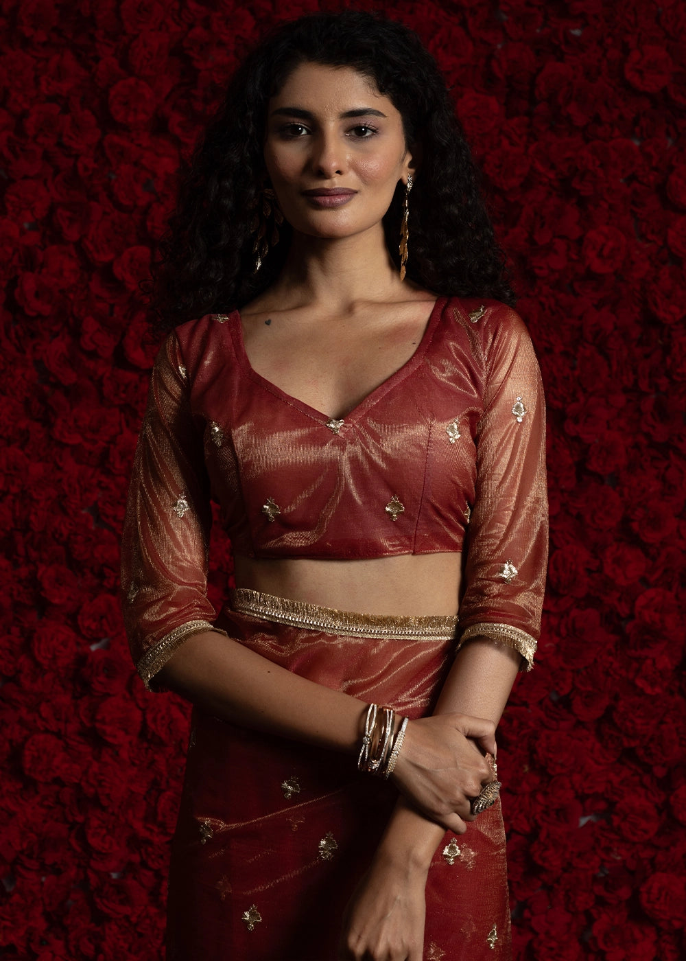 Burnt Umber Brown Sheer Net Organza Saree with Rich Zari & Lace Embroidery