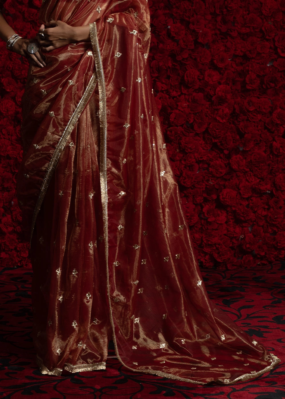 Burnt Umber Brown Sheer Net Organza Saree with Rich Zari & Lace Embroidery