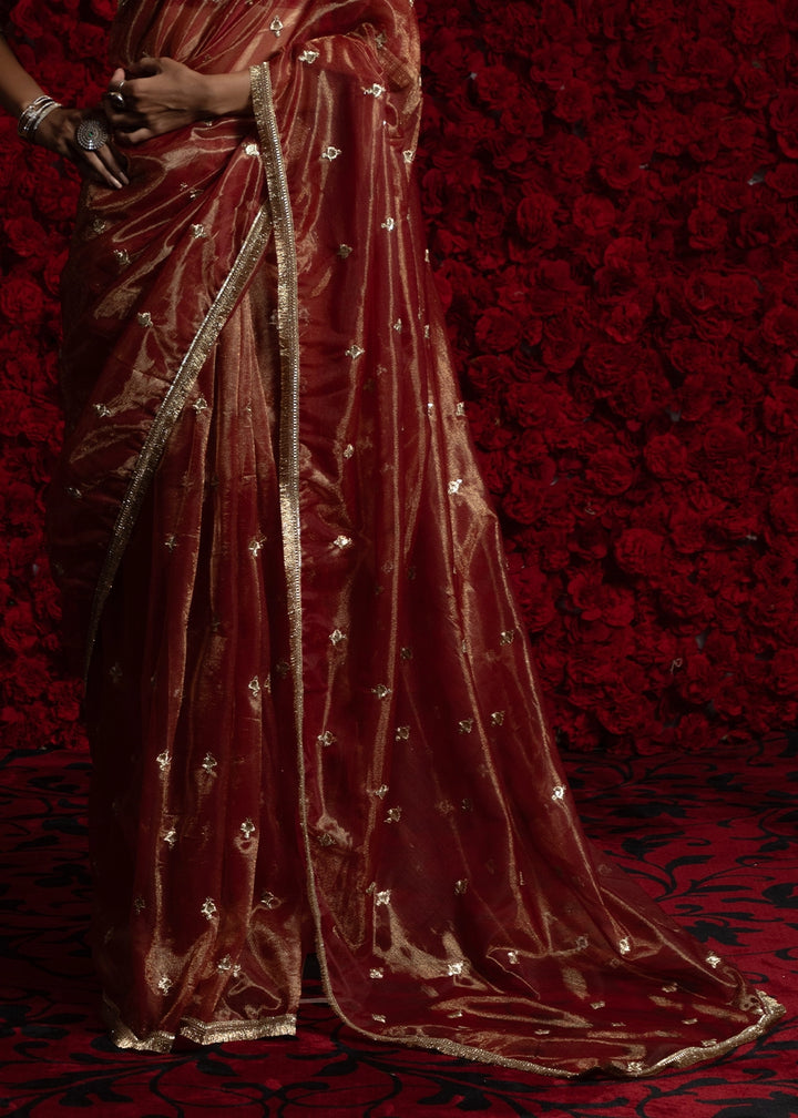Burnt Umber Brown Sheer Net Organza Saree with Rich Zari & Lace Embroidery