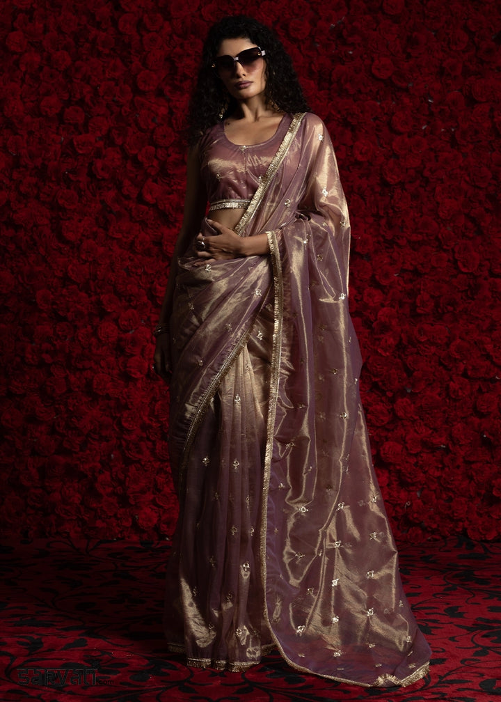 Opera Mauve Purple Sheer Net Organza Saree with Rich Zari & Lace Embroidery