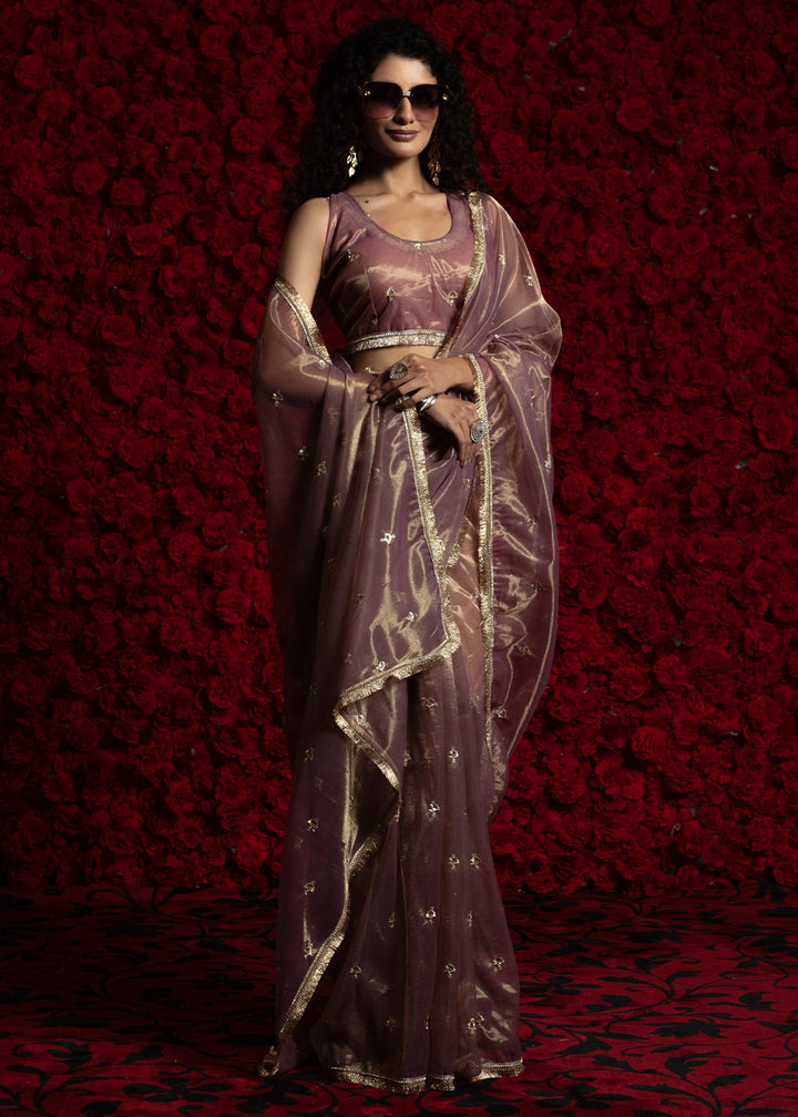 Opera Mauve Purple Sheer Net Organza Saree with Rich Zari & Lace Embroidery