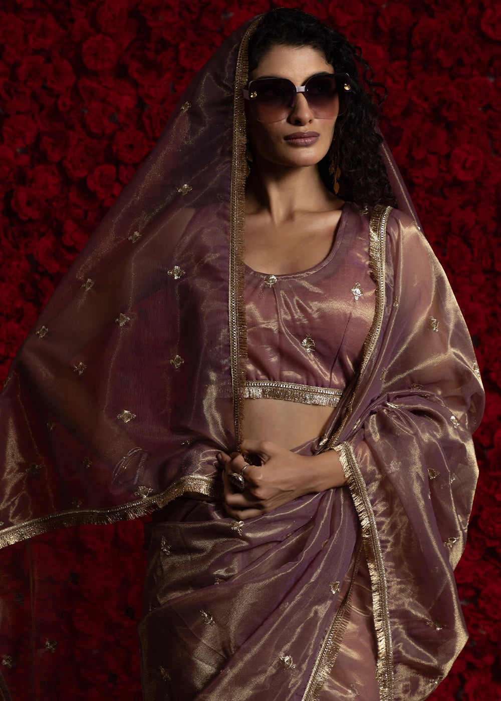 Opera Mauve Purple Sheer Net Organza Saree with Rich Zari & Lace Embroidery