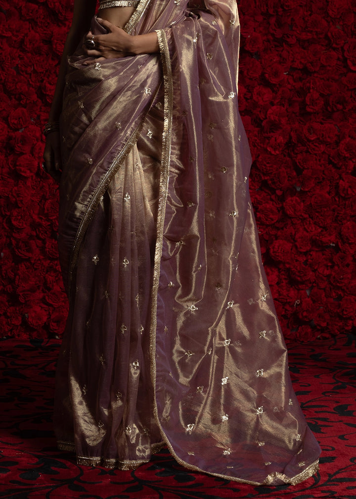 Opera Mauve Purple Sheer Net Organza Saree with Rich Zari & Lace Embroidery