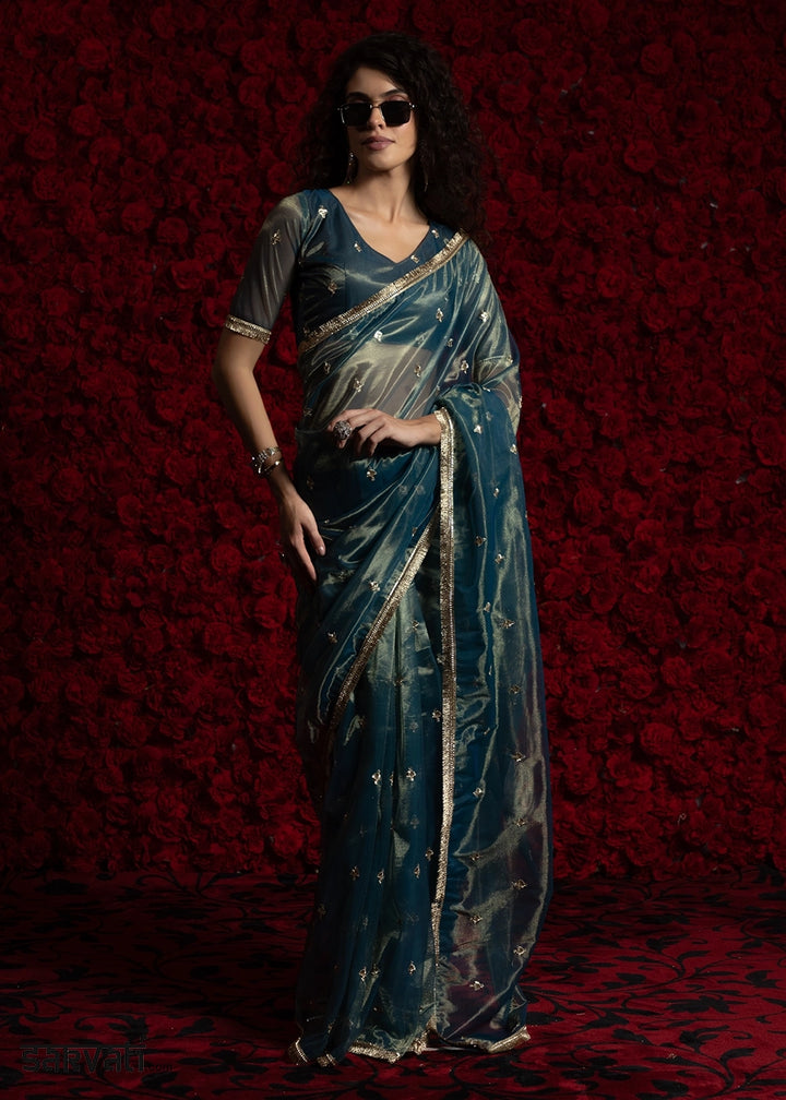 Prussian Blue Sheer Net Organza Saree with Rich Zari & Lace Embroidery