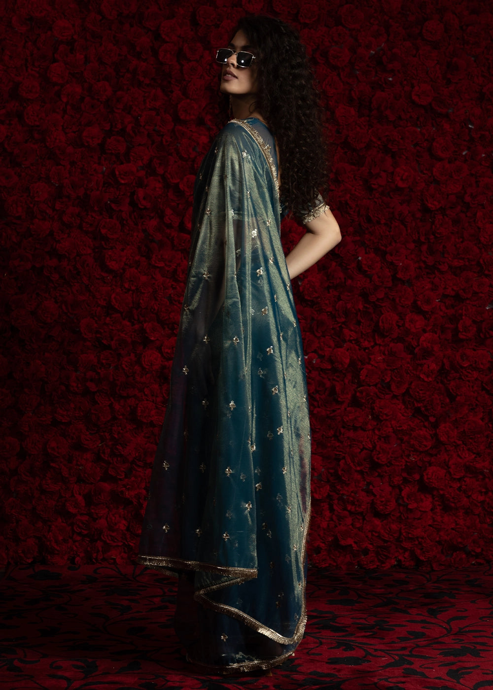 Prussian Blue Sheer Net Organza Saree with Rich Zari & Lace Embroidery