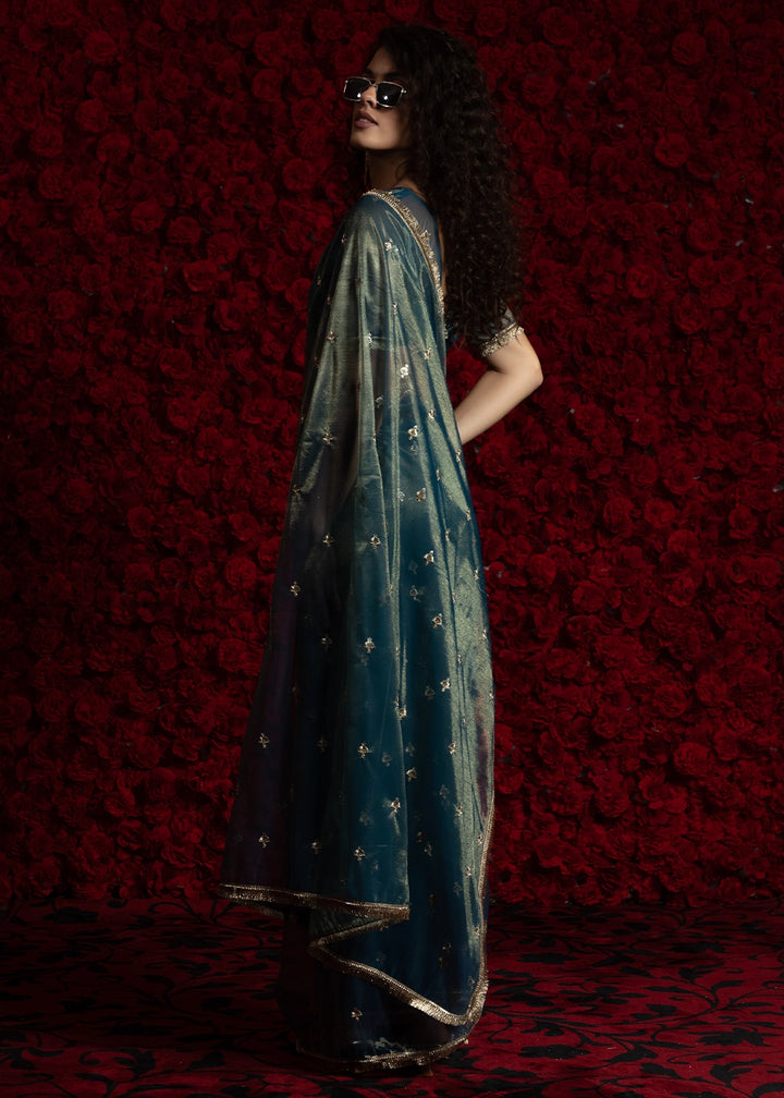 Prussian Blue Sheer Net Organza Saree with Rich Zari & Lace Embroidery