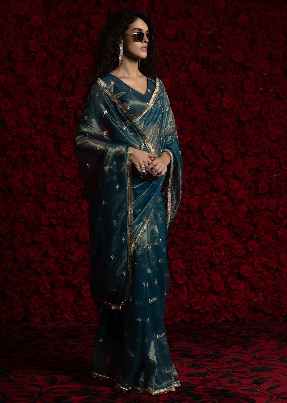 Prussian Blue Sheer Net Organza Saree with Rich Zari & Lace Embroidery