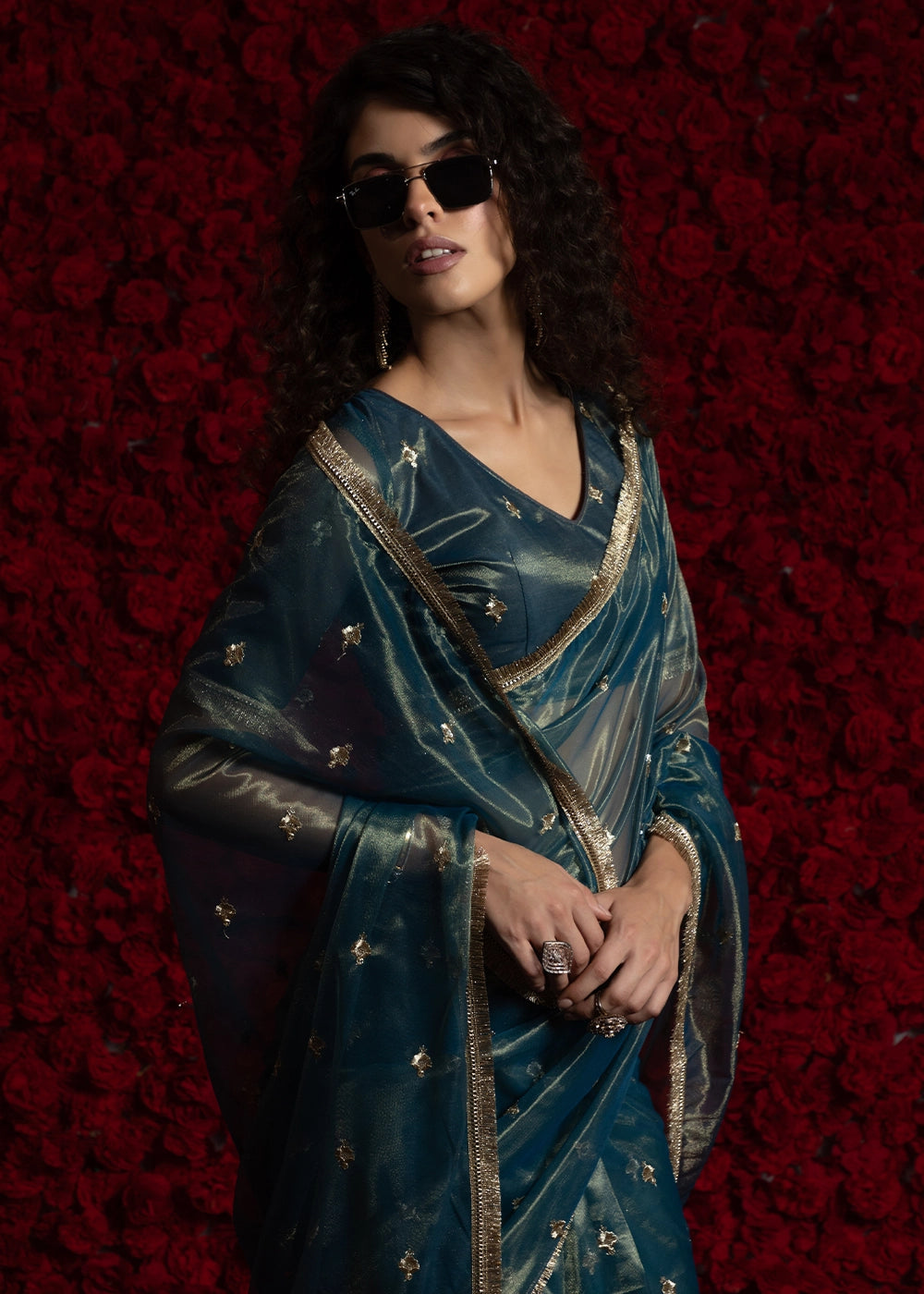 Prussian Blue Sheer Net Organza Saree with Rich Zari & Lace Embroidery