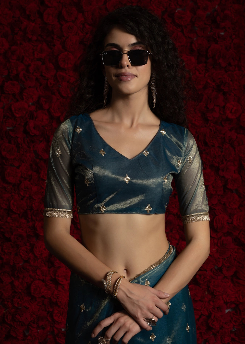 Prussian Blue Sheer Net Organza Saree with Rich Zari & Lace Embroidery
