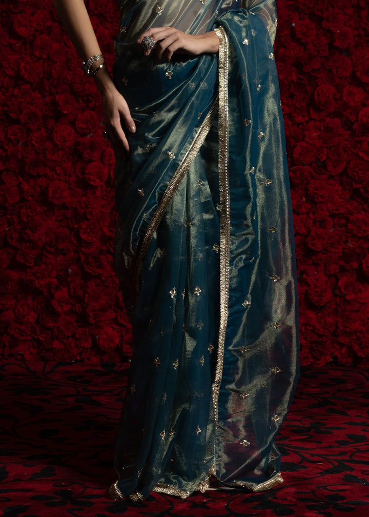 Prussian Blue Sheer Net Organza Saree with Rich Zari & Lace Embroidery