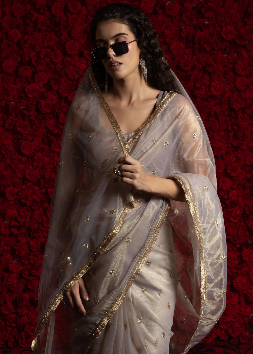 Light Grey Sheer Net Organza Saree with Rich Zari & Lace Embroidery