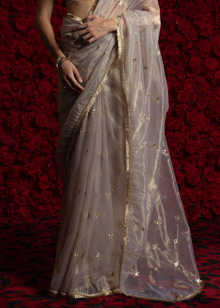 Light Grey Sheer Net Organza Saree with Rich Zari & Lace Embroidery