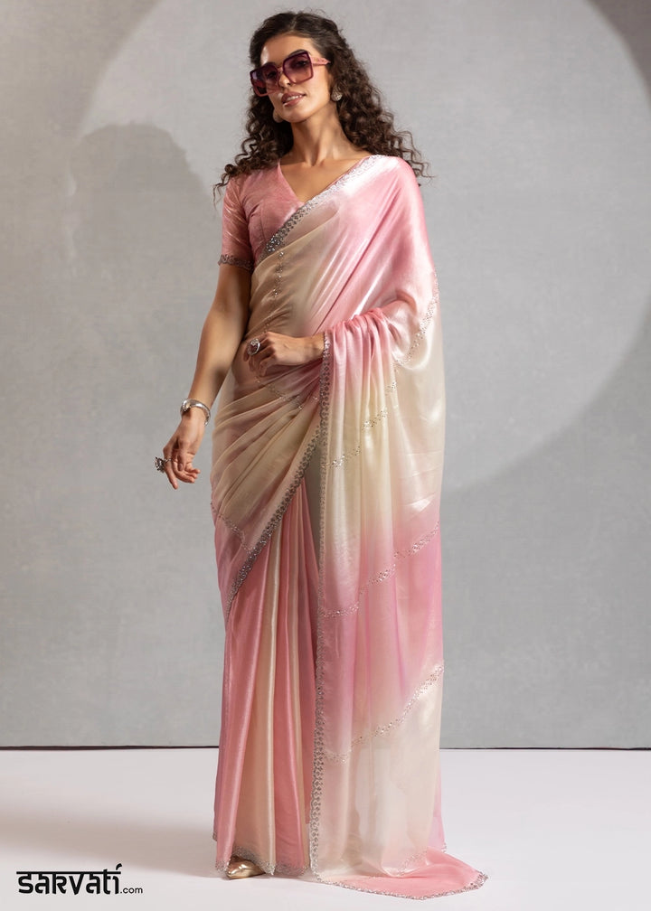 Two-Tone White Pink Satin Silk Saree with Glamorous Jarkan Bead Work