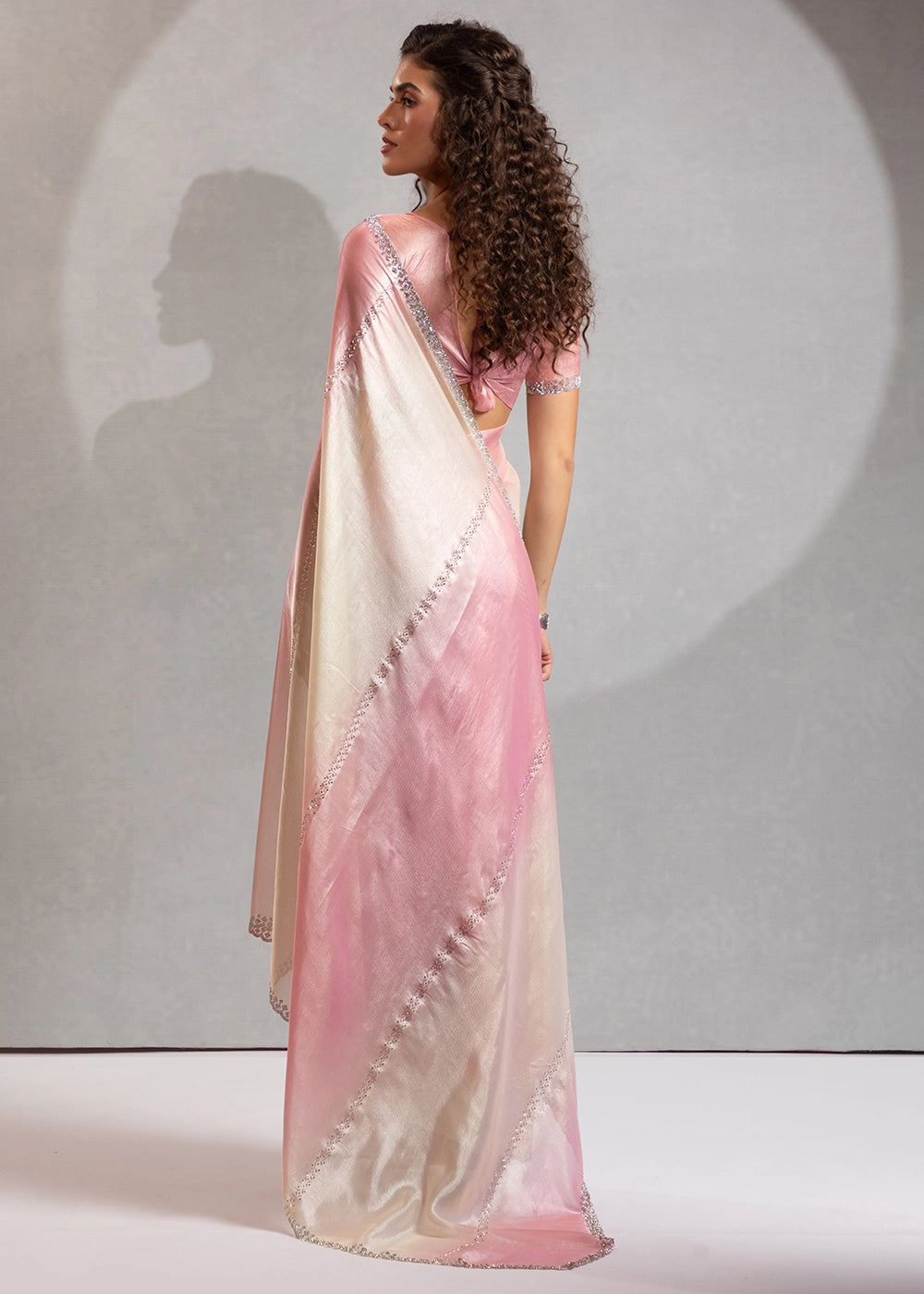 Two-Tone White Pink Satin Silk Saree with Glamorous Jarkan Bead Work