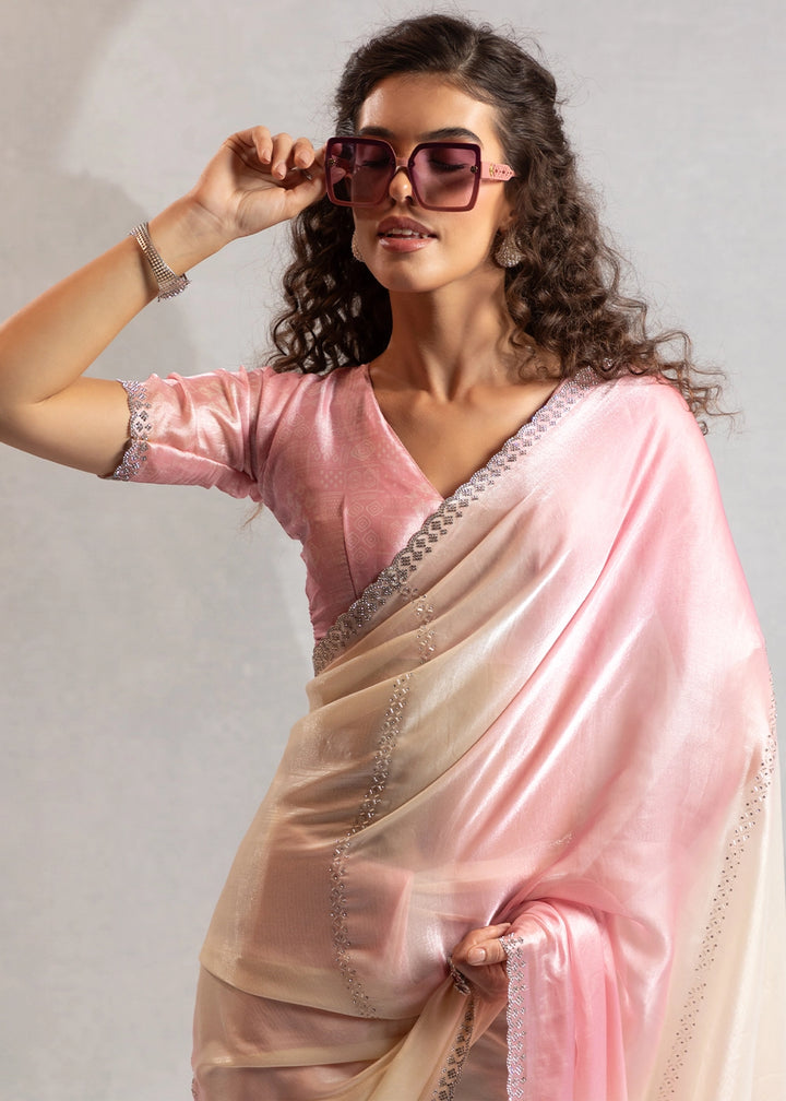 Two-Tone White Pink Satin Silk Saree with Glamorous Jarkan Bead Work