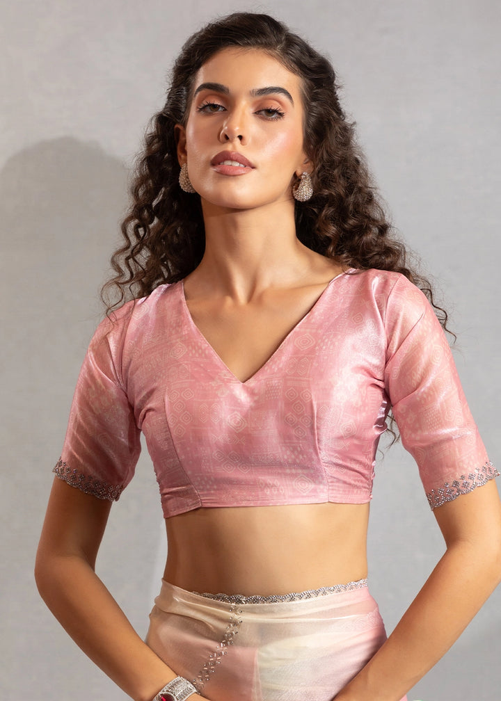 Two-Tone White Pink Satin Silk Saree with Glamorous Jarkan Bead Work