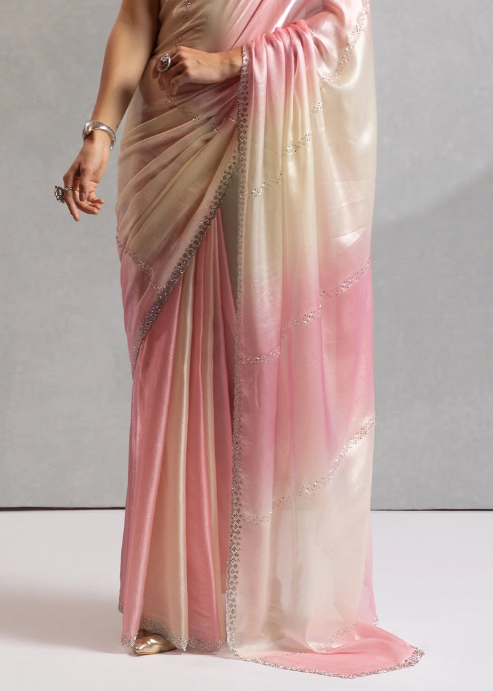 Two-Tone White Pink Satin Silk Saree with Glamorous Jarkan Bead Work