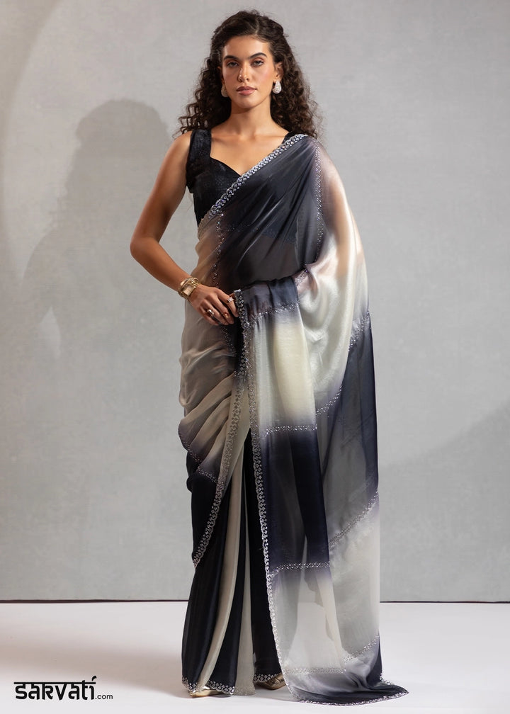 Two-Tone White Black Satin Silk Saree with Glamorous Jarkan Bead Work