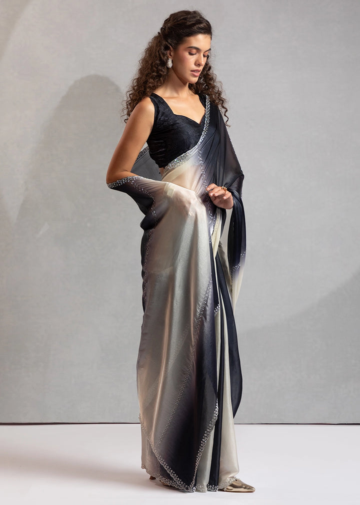Two-Tone White Black Satin Silk Saree with Glamorous Jarkan Bead Work