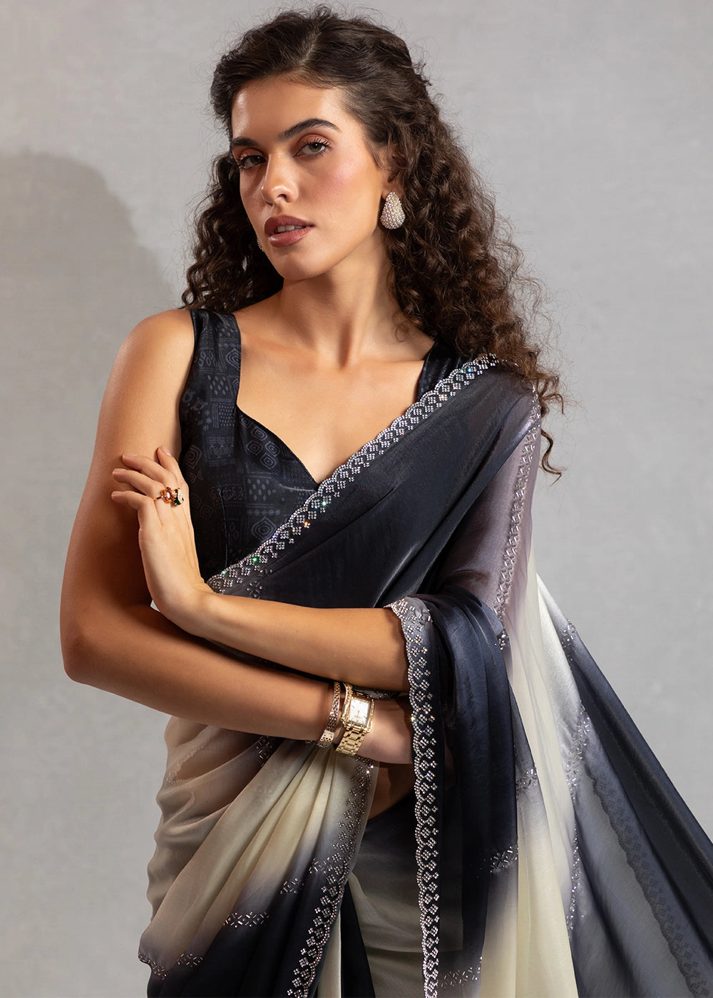 Two-Tone White Black Satin Silk Saree with Glamorous Jarkan Bead Work