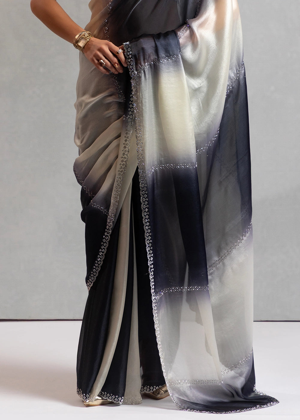 Two-Tone White Black Satin Silk Saree with Glamorous Jarkan Bead Work