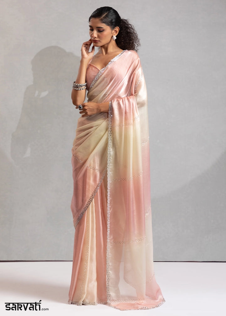 Two-Tone White Pink Satin Silk Saree with Glamorous Jarkan Bead Work