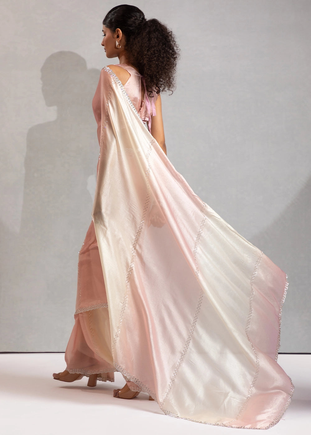 Two-Tone White Pink Satin Silk Saree with Glamorous Jarkan Bead Work