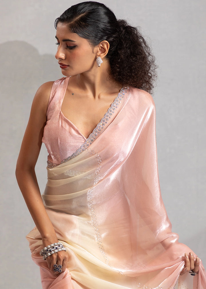 Two-Tone White Pink Satin Silk Saree with Glamorous Jarkan Bead Work