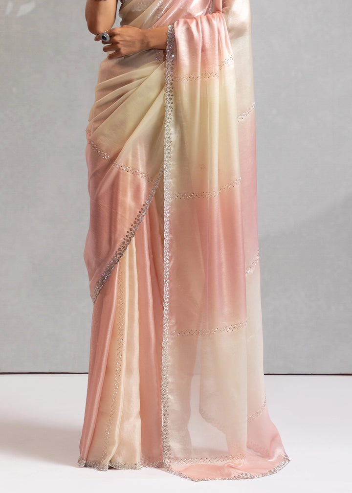 Two-Tone White Pink Satin Silk Saree with Glamorous Jarkan Bead Work