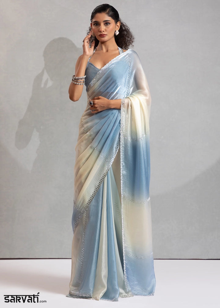 Two-Tone White Blue Satin Silk Saree with Glamorous Jarkan Bead Work
