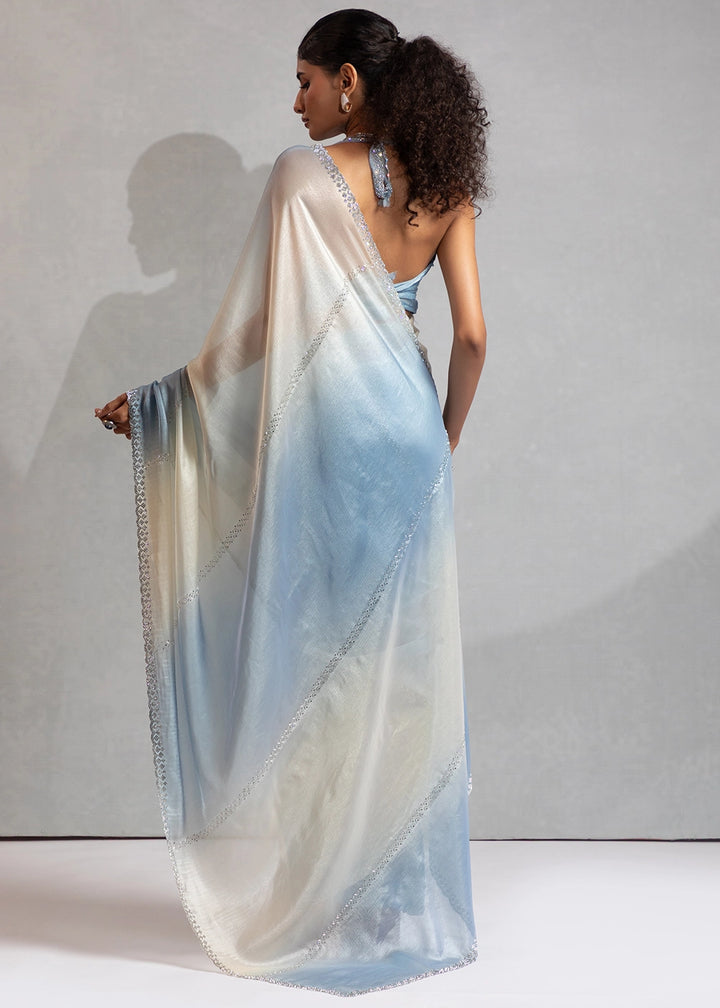 Two-Tone White Blue Satin Silk Saree with Glamorous Jarkan Bead Work