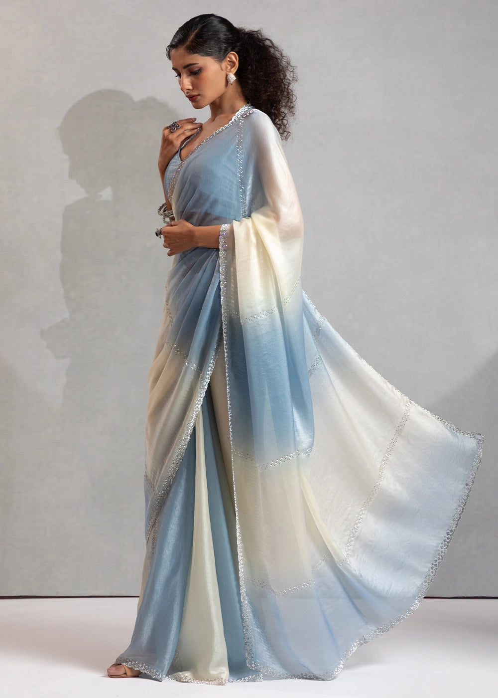 Two-Tone White Blue Satin Silk Saree with Glamorous Jarkan Bead Work