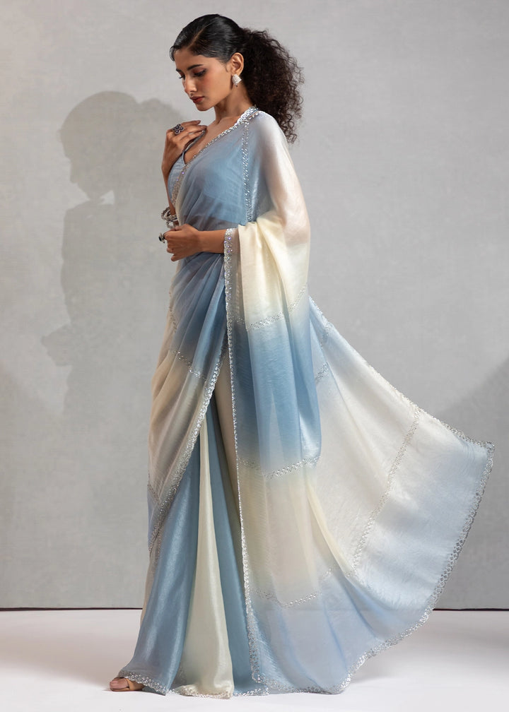 Two-Tone White Blue Satin Silk Saree with Glamorous Jarkan Bead Work