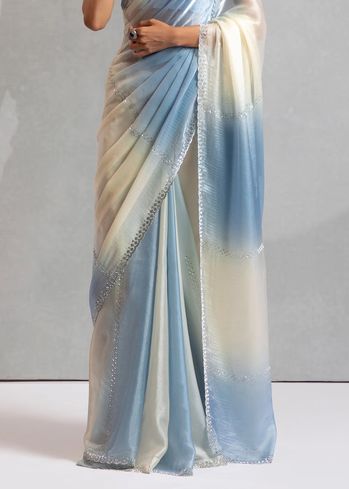 Two-Tone White Blue Satin Silk Saree with Glamorous Jarkan Bead Work