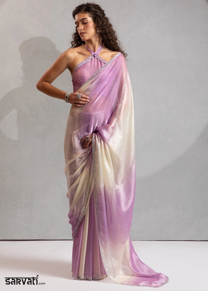 Two-Tone White Purple Satin Silk Saree with Glamorous Jarkan Bead Work