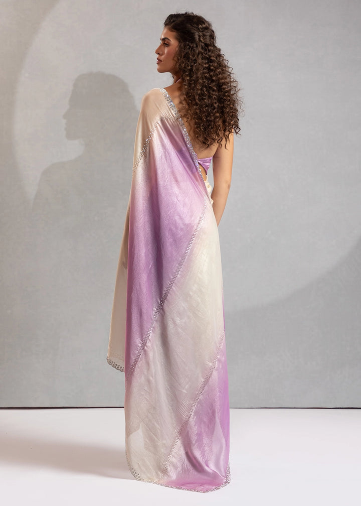 Two-Tone White Purple Satin Silk Saree with Glamorous Jarkan Bead Work