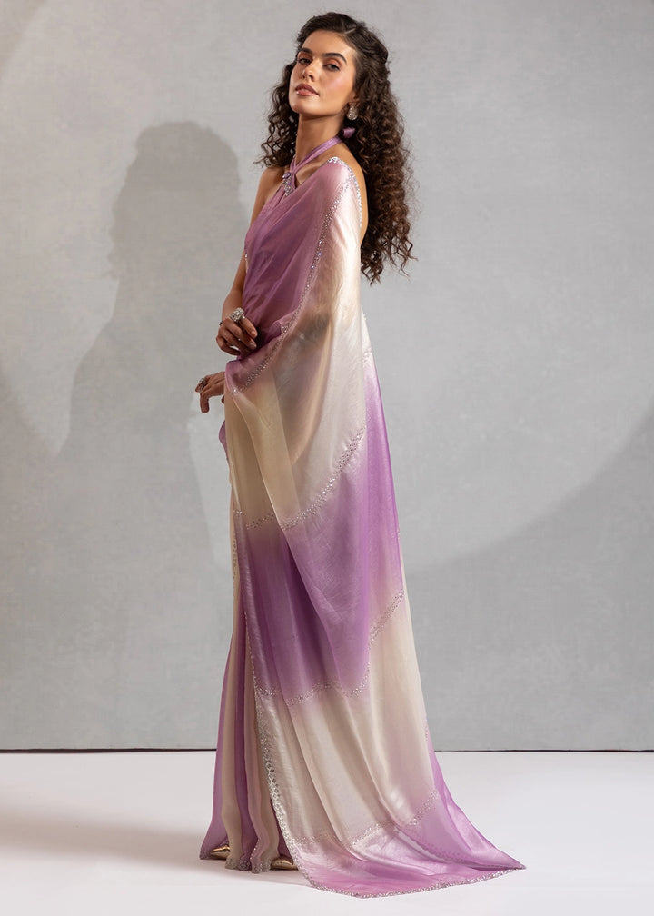 Two-Tone White Purple Satin Silk Saree with Glamorous Jarkan Bead Work