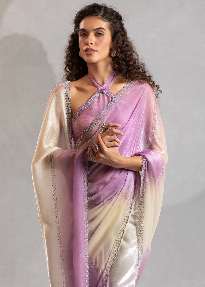 Two-Tone White Purple Satin Silk Saree with Glamorous Jarkan Bead Work