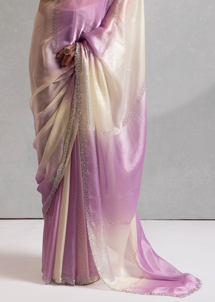 Two-Tone White Purple Satin Silk Saree with Glamorous Jarkan Bead Work