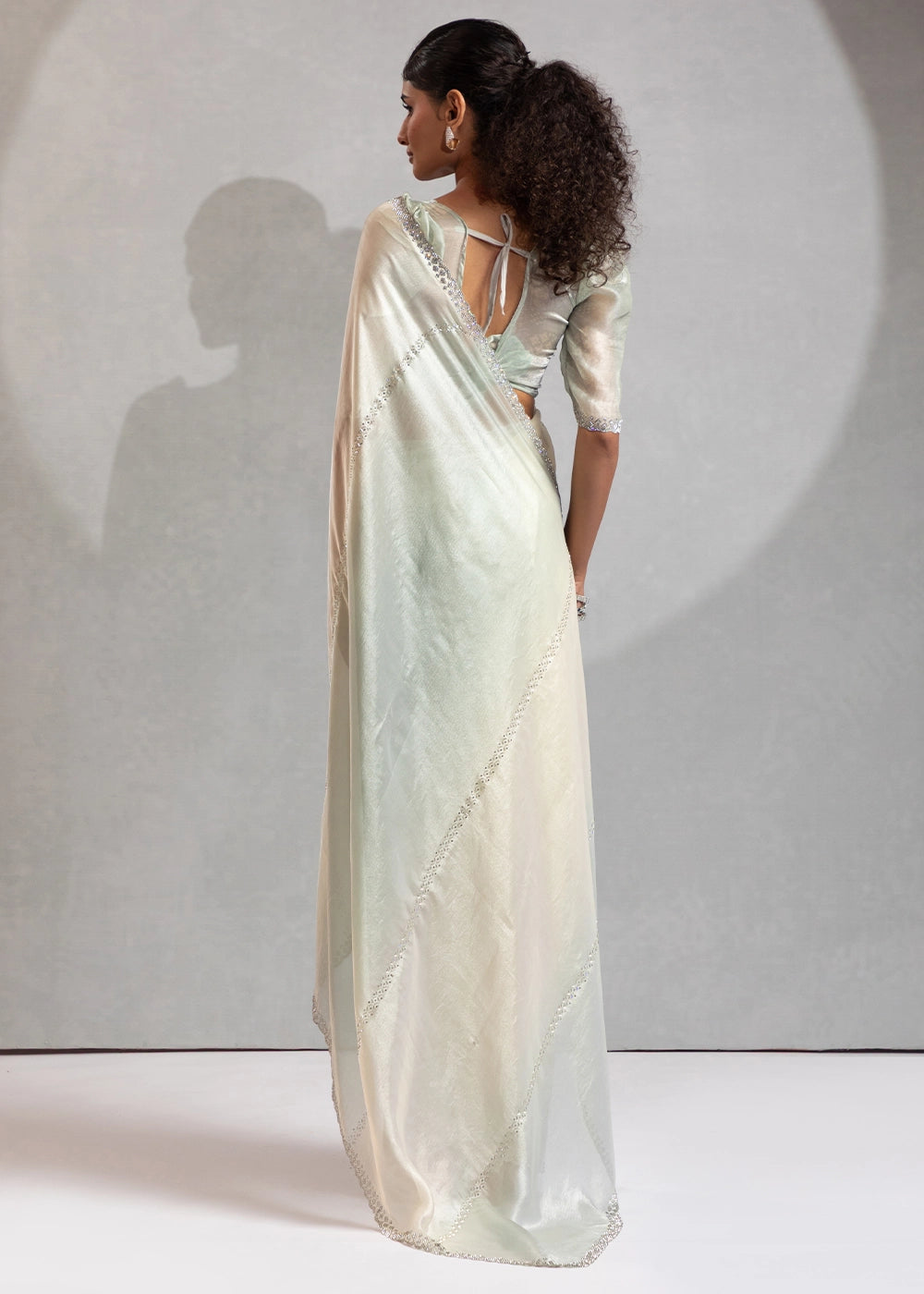 Two-Tone White Blue Satin Silk Saree with Glamorous Jarkan Bead Work