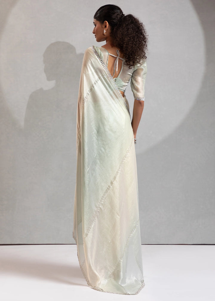 Two-Tone White Blue Satin Silk Saree with Glamorous Jarkan Bead Work