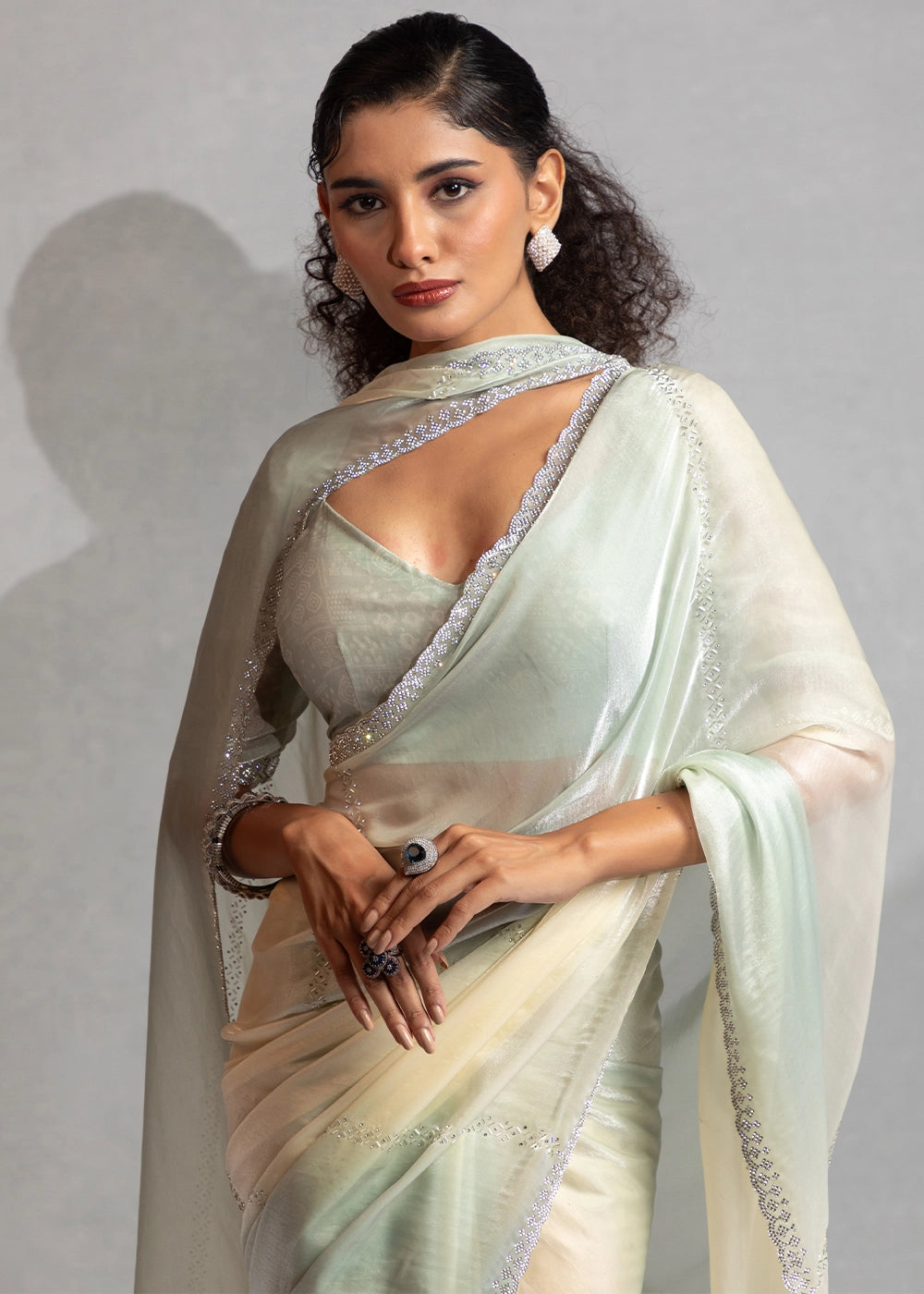 Two-Tone White Blue Satin Silk Saree with Glamorous Jarkan Bead Work