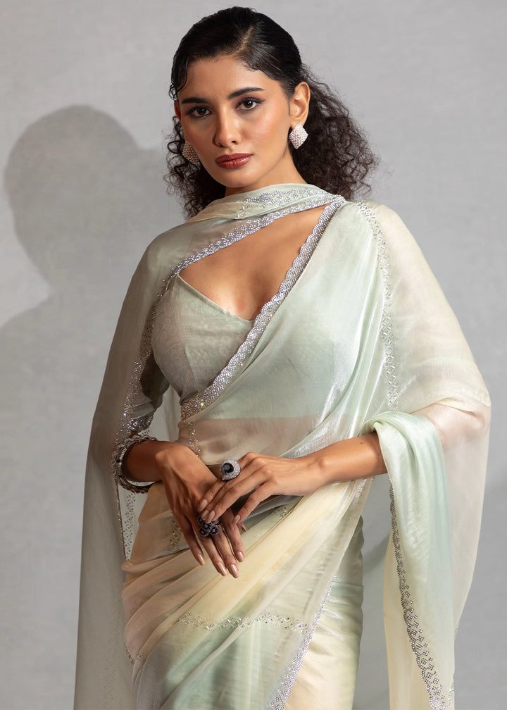 Two-Tone White Blue Satin Silk Saree with Glamorous Jarkan Bead Work