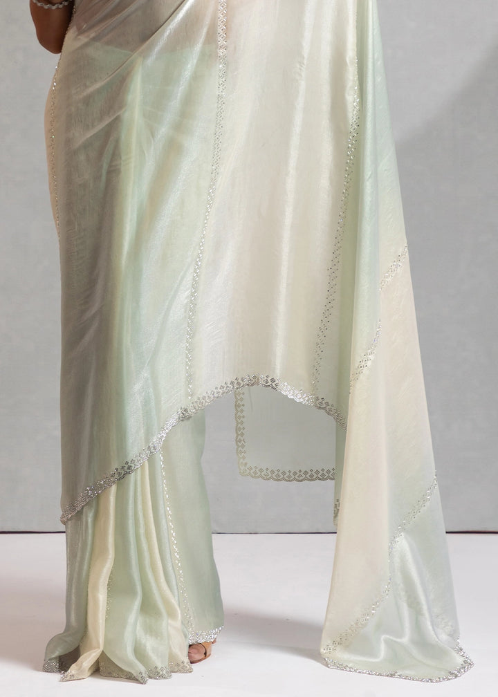 Two-Tone White Blue Satin Silk Saree with Glamorous Jarkan Bead Work