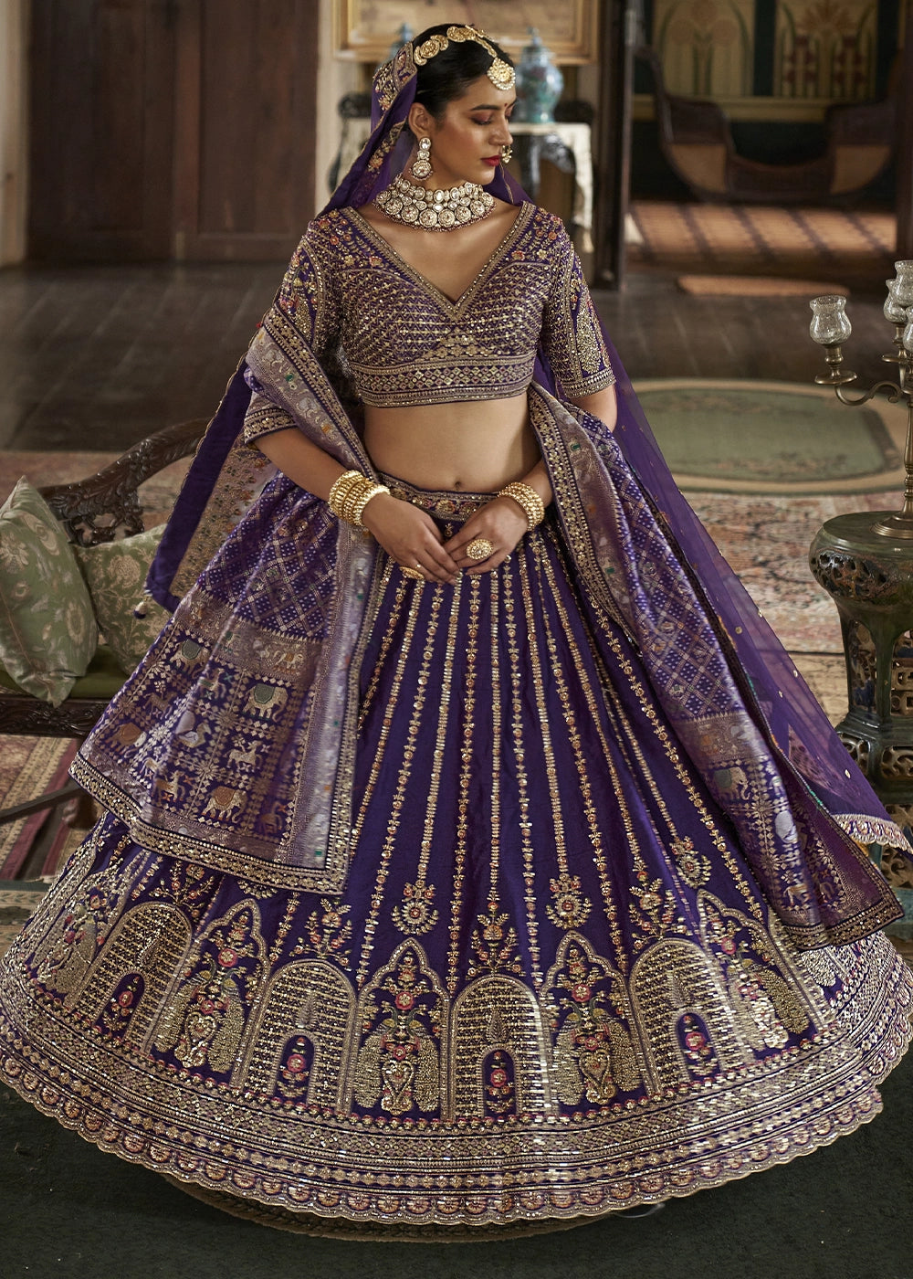Indigo Purple Banarasi Silk Lehenga with Thread, Pearl & Sequin Embroidery : Wedding Edit