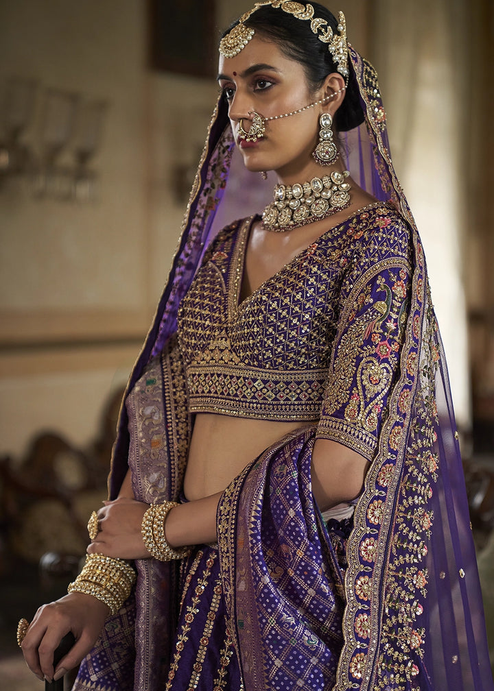Indigo Purple Banarasi Silk Lehenga with Thread, Pearl & Sequin Embroidery : Wedding Edit
